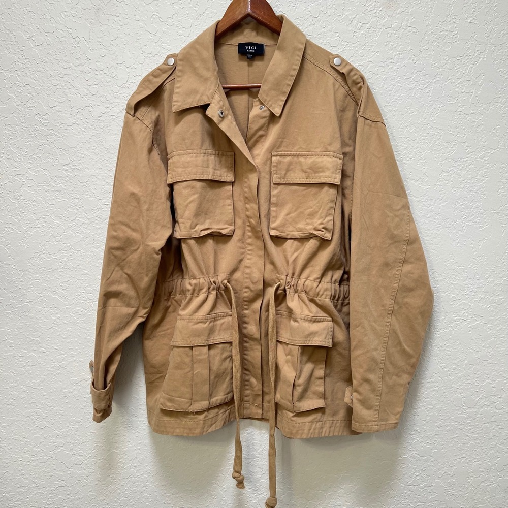 VICI Tan Cotton Utility Field Jacket L Drawstring Waist Cargo Safari Gorpcore